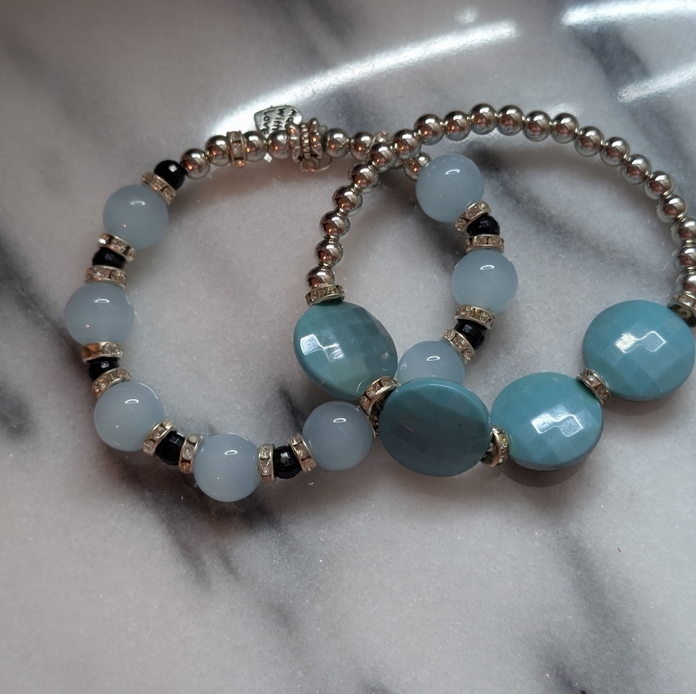 Handcrafted  Silver and Blue Beaded 2-pc. Bracelet Set